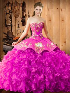Satin and Organza Sleeveless Quinceanera Gowns Brush Train and Embroidery and Ruffles