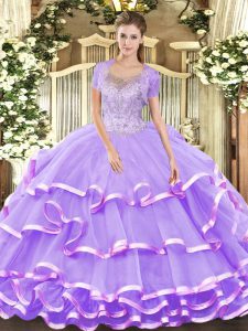 Scoop Sleeveless Tulle 15th Birthday Dress Beading and Ruffled Layers Lace Up