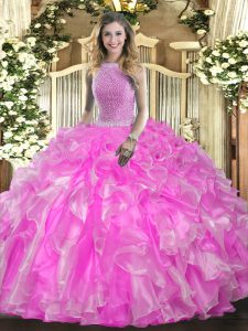 High-neck Sleeveless 15th Birthday Dress Floor Length Beading and Ruffles Rose Pink Organza