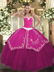 Sleeveless Satin and Tulle Floor Length Lace Up Quinceanera Dress in Fuchsia with Appliques and Embroidery