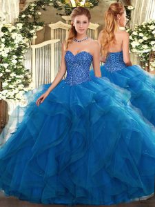 Low Price Blue Quince Ball Gowns Military Ball and Sweet 16 and Quinceanera with Beading and Ruffles Sweetheart Sleevele