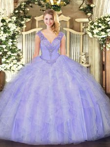 Ball Gowns Quinceanera Dress Lavender V-neck Organza Sleeveless Floor Length Lace Up