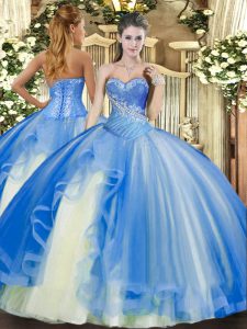 Floor Length Baby Blue 15 Quinceanera Dress Tulle Sleeveless Beading and Ruffles