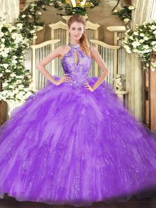 Lavender Ball Gowns Organza Halter Top Sleeveless Beading Floor Length Lace Up Quince Ball Gowns