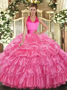 Sleeveless Floor Length Ruffled Layers and Pick Ups Lace Up Quinceanera Dress with Rose Pink