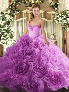 Discount Sleeveless Fabric With Rolling Flowers Floor Length Lace Up 15th Birthday Dress in Lilac with Beading
