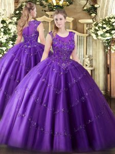 Amazing Sleeveless Tulle Floor Length Zipper Ball Gown Prom Dress in Purple with Beading and Appliques