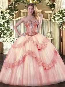 On Sale Baby Pink Quinceanera Gown Tulle Sleeveless Beading and Appliques