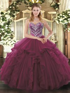 Burgundy Vestidos de Quinceanera Military Ball and Sweet 16 and Quinceanera with Beading and Ruffles Sweetheart Sleevele