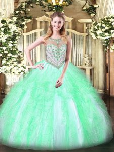Top Selling Tulle Scoop Sleeveless Zipper Beading and Ruffles Quinceanera Dresses in Apple Green