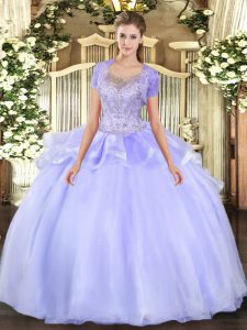 Lavender Ball Gowns Beading and Ruffles Quinceanera Dress Clasp Handle Organza and Tulle Sleeveless Floor Length