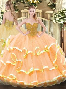 Edgy Peach Ball Gowns Sweetheart Sleeveless Organza Floor Length Lace Up Beading and Ruffled Layers Quince Ball Gowns