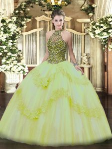 On Sale Light Yellow Lace Up 15 Quinceanera Dress Beading and Appliques Sleeveless Floor Length
