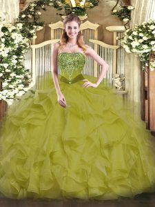 Olive Green Sleeveless Floor Length Beading and Ruffles Lace Up 15 Quinceanera Dress