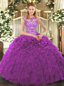 Elegant Eggplant Purple Scoop Lace Up Beading and Appliques and Ruffles Sweet 16 Dress Cap Sleeves