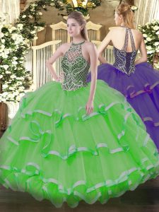 Customized Organza Sleeveless Floor Length Quince Ball Gowns and Beading and Ruffles