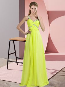 Traditional Sleeveless Chiffon Floor Length Lace Up Dress for Prom in Yellow Green with Beading
