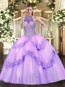 Tulle Halter Top Sleeveless Lace Up Beading and Appliques Quinceanera Gown in Lavender