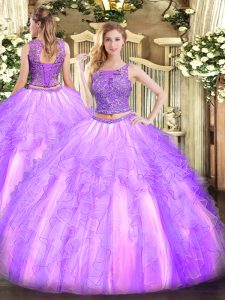 Lavender Quince Ball Gowns Military Ball and Sweet 16 and Quinceanera with Beading and Ruffles Scoop Sleeveless Lace Up