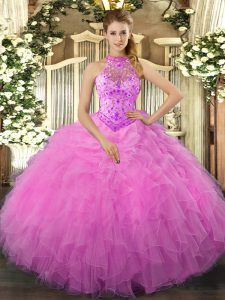 Rose Pink Vestidos de Quinceanera Sweet 16 and Quinceanera with Beading and Ruffles Halter Top Sleeveless Lace Up