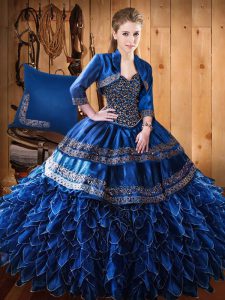 Sleeveless Organza and Taffeta Floor Length Lace Up Ball Gown Prom Dress in Royal Blue with Beading and Embroidery and R