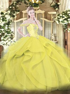 Popular Off The Shoulder Sleeveless Quinceanera Dresses Floor Length Beading and Ruffles Yellow Tulle