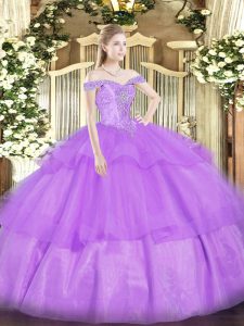 Beading and Ruffled Layers Ball Gown Prom Dress Lavender Lace Up Sleeveless Floor Length