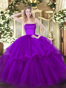 Inexpensive Strapless Sleeveless Brush Train Zipper 15th Birthday Dress Purple Tulle