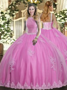 Beauteous Rose Pink Sleeveless Floor Length Beading and Appliques Lace Up Quinceanera Gowns