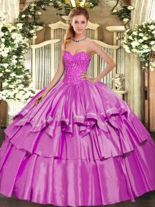 Customized Sleeveless Organza and Taffeta Floor Length Lace Up Ball Gown Prom Dress in Lilac with Beading and Ruffled La
