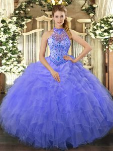 Fitting Halter Top Sleeveless 15 Quinceanera Dress Floor Length Beading and Embroidery and Ruffles Blue Organza