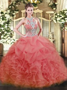 Watermelon Red Ball Gown Prom Dress Military Ball and Sweet 16 and Quinceanera with Beading Halter Top Sleeveless Lace U