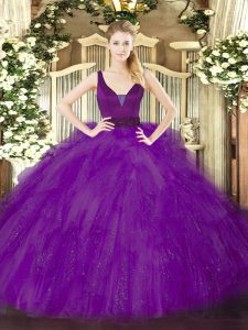 Floor Length Zipper Quince Ball Gowns Purple for Military Ball and Sweet 16 and Quinceanera with Beading and Ruffles