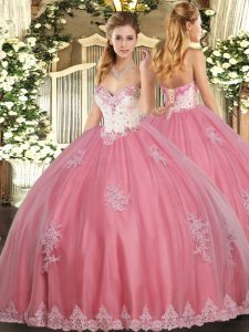 Watermelon Red Sweetheart Lace Up Beading and Appliques Quinceanera Gowns Sleeveless