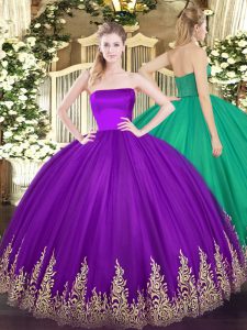 Fashion Purple Sweet 16 Dress Military Ball and Sweet 16 and Quinceanera with Appliques Strapless Sleeveless Zipper
