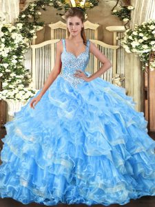 Modest Baby Blue Lace Up Straps Beading and Ruffled Layers 15th Birthday Dress Organza Sleeveless