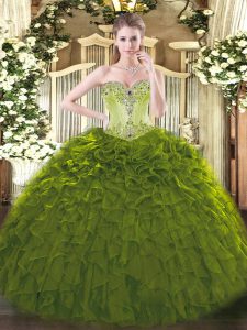 Hot Sale Beading and Ruffles Sweet 16 Dresses Olive Green Lace Up Sleeveless Floor Length