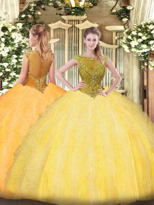 Cheap Floor Length Gold Quinceanera Dresses Tulle Sleeveless Beading and Ruffles
