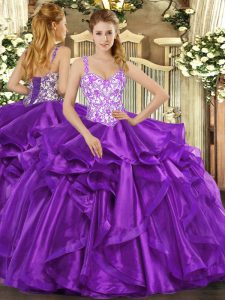 Delicate Eggplant Purple Straps Neckline Beading and Appliques and Ruffles 15th Birthday Dress Sleeveless Lace Up