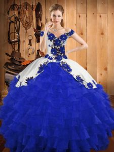 Dazzling Ruffled Layers Quinceanera Gown Blue And White Lace Up Sleeveless Floor Length