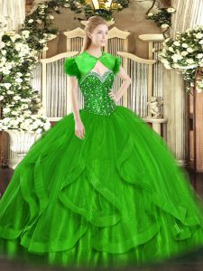 Green Tulle Lace Up Sweetheart Sleeveless Floor Length Quinceanera Gowns Beading and Ruffles