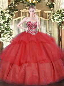 Red Ball Gowns Sweetheart Sleeveless Organza Floor Length Lace Up Beading and Ruffled Layers Sweet 16 Dresses