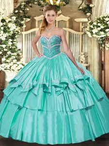 Clearance Apple Green Ball Gown Prom Dress Military Ball and Sweet 16 and Quinceanera with Beading and Ruffled Layers Sw