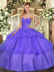 Beautiful Tulle Sweetheart Sleeveless Lace Up Beading and Ruffled Layers Ball Gown Prom Dress in Lavender