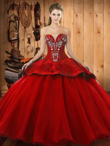 Beautiful Ball Gowns Vestidos de Quinceanera Red Sweetheart Satin and Organza Sleeveless Floor Length Lace Up