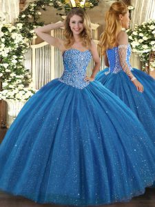 Decent Blue Ball Gowns Tulle Sweetheart Sleeveless Beading Floor Length Lace Up Sweet 16 Dress