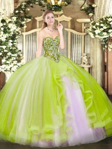 Excellent Beading and Ruffles Quinceanera Gown Yellow Green Lace Up Sleeveless Floor Length