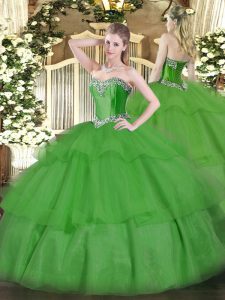 Floor Length Lace Up Quinceanera Dress Green for Military Ball and Sweet 16 and Quinceanera with Beading and Ruffled Lay