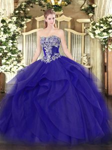 Free and Easy Blue Ball Gowns Strapless Sleeveless Tulle Floor Length Lace Up Beading and Ruffles Quinceanera Gowns