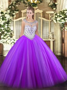 Sweet Eggplant Purple Scoop Zipper Beading Ball Gown Prom Dress Sleeveless